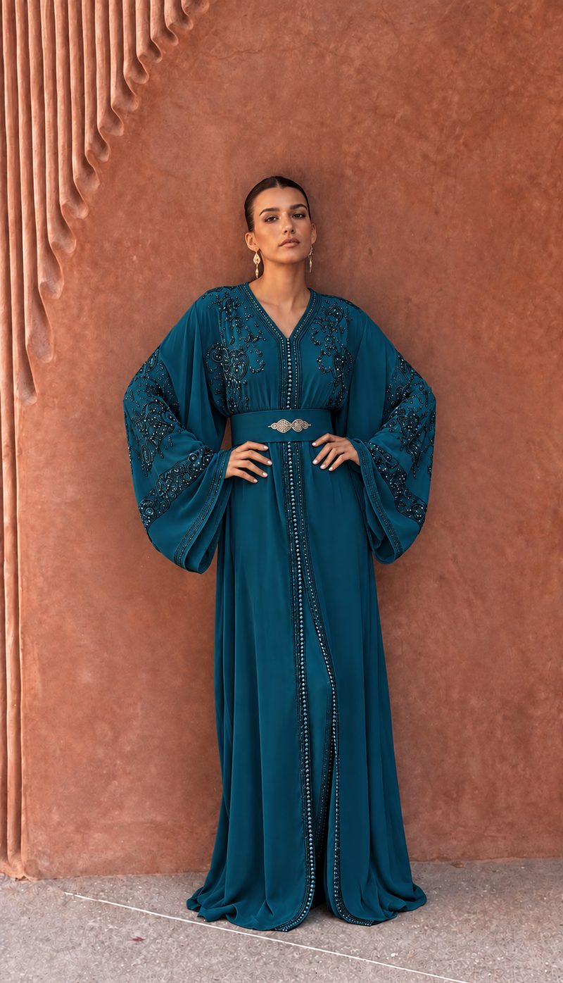Amara Teal kaftan in petrolblauw chiffon