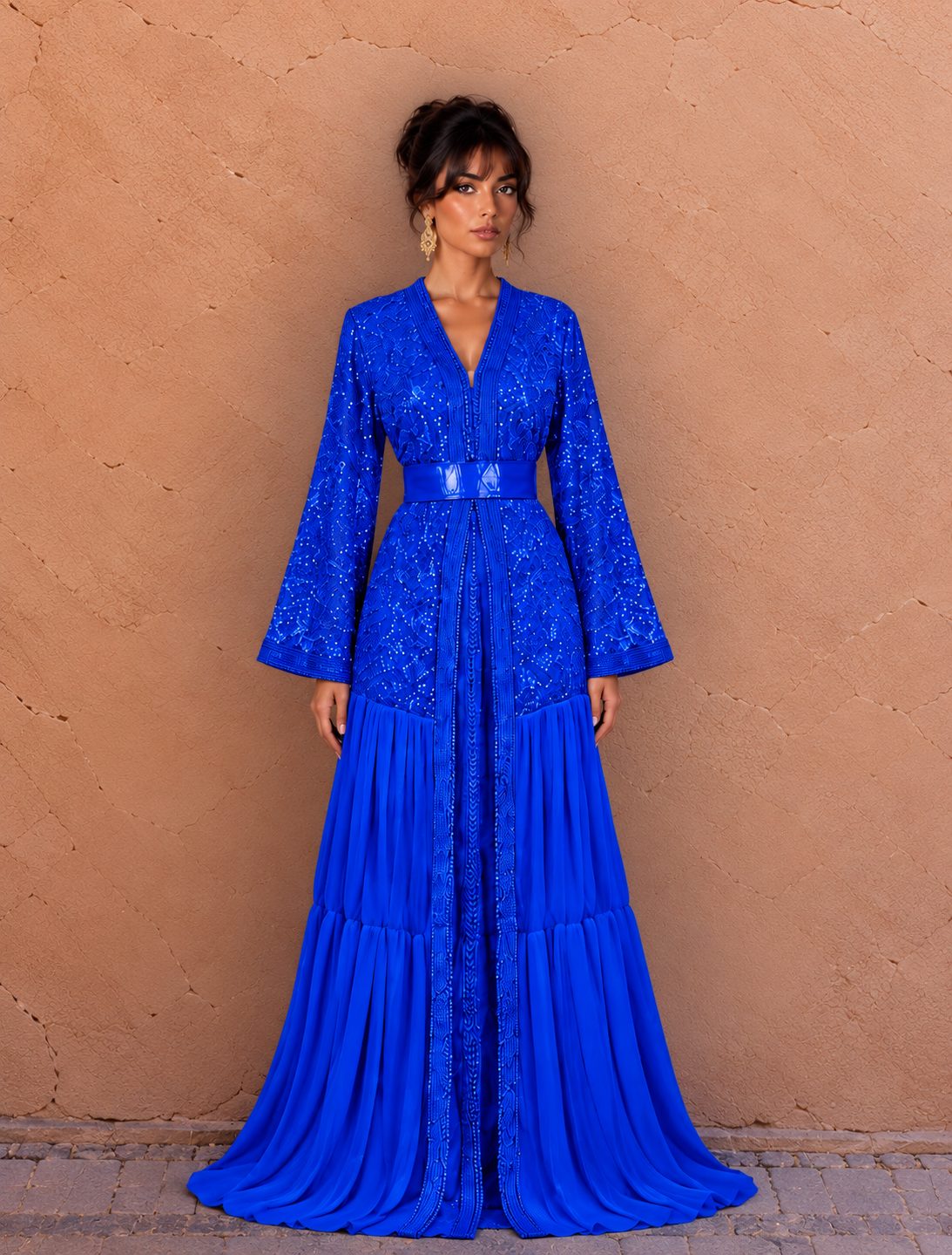 Sara Bleu Roi takchita in koningsblauw chiffon met bloemborduurwerk