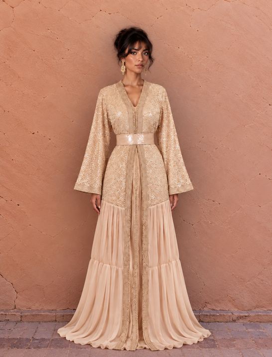 Sara Champagne takchita in champagnekleurig chiffon met bloemborduurwerk