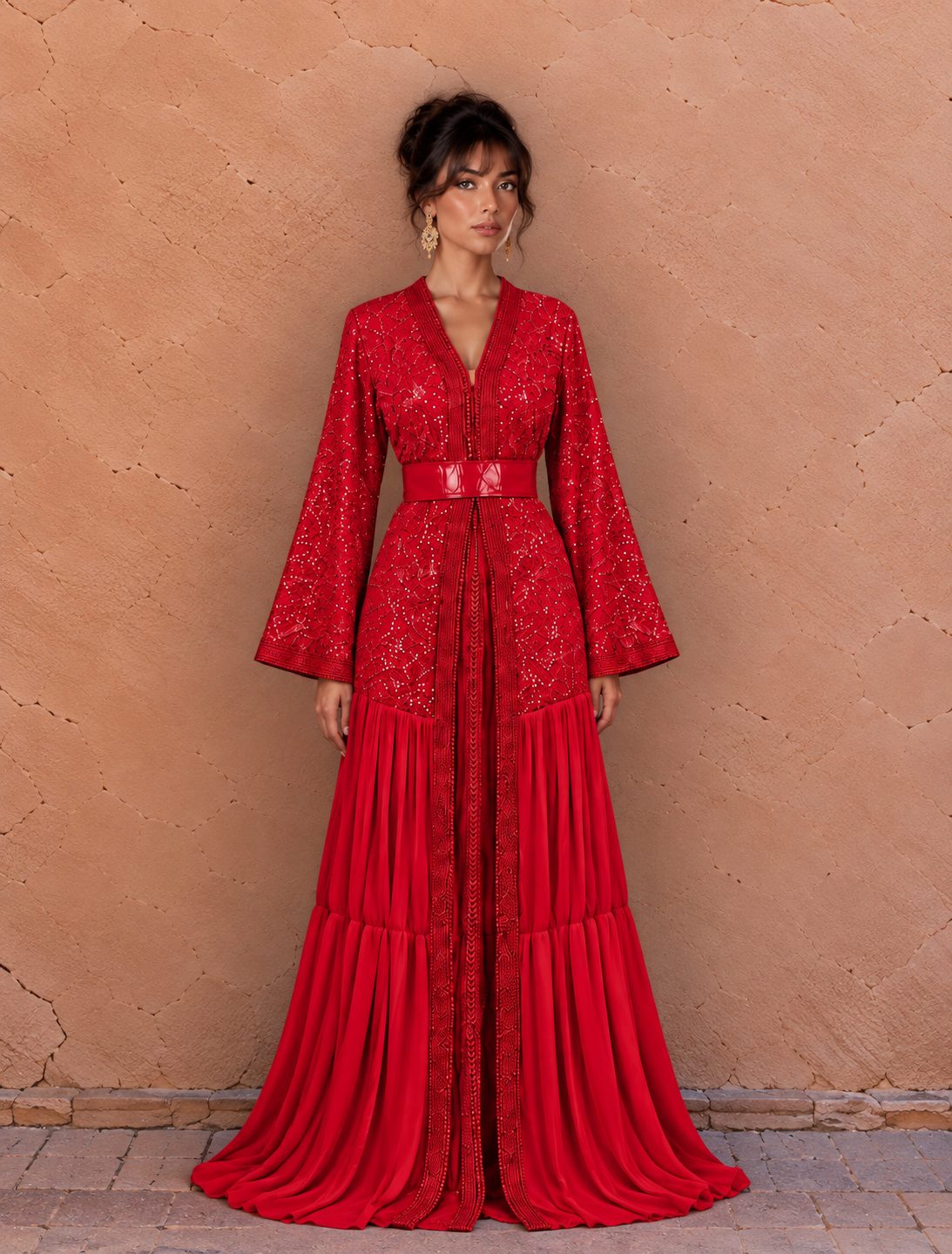 Sara Rouge takchita in rood chiffon met bloemborduurwerk
